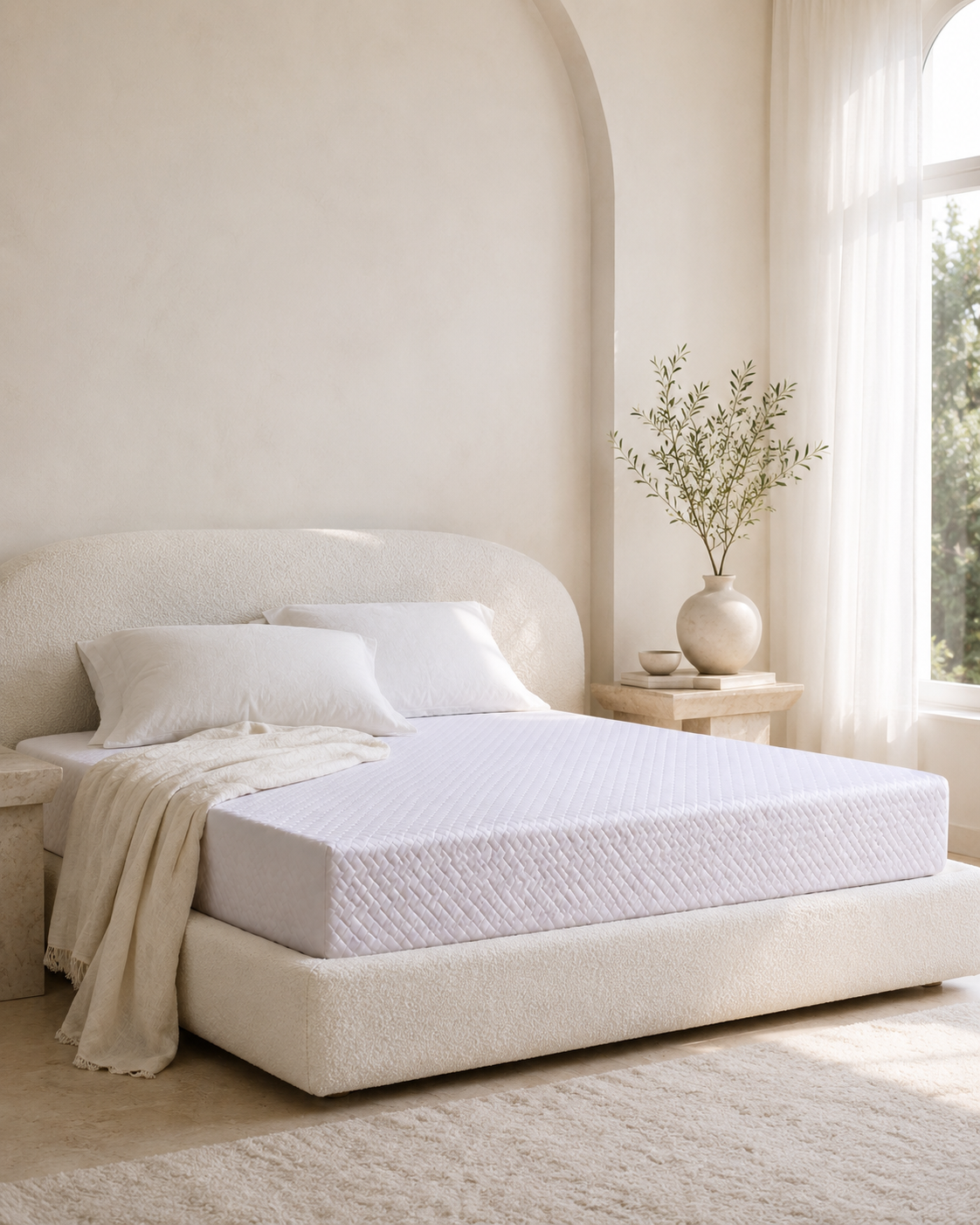 Espuma Plus 8-inch mattress in an arched porcelain bedroom