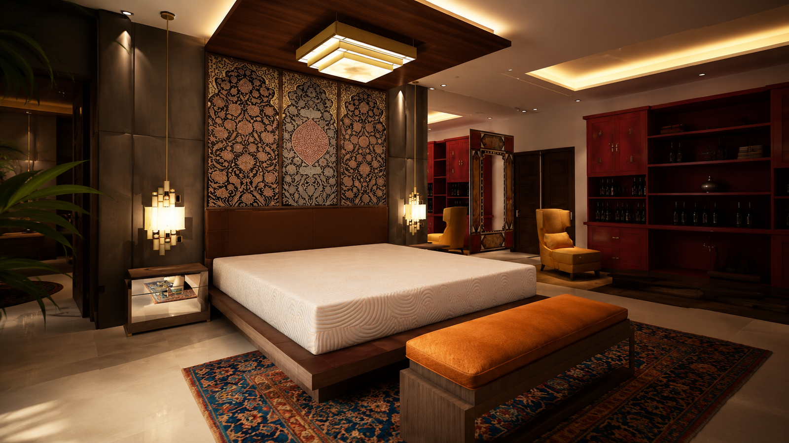 A Sleepmonk mattress in a richly furnished bedroom