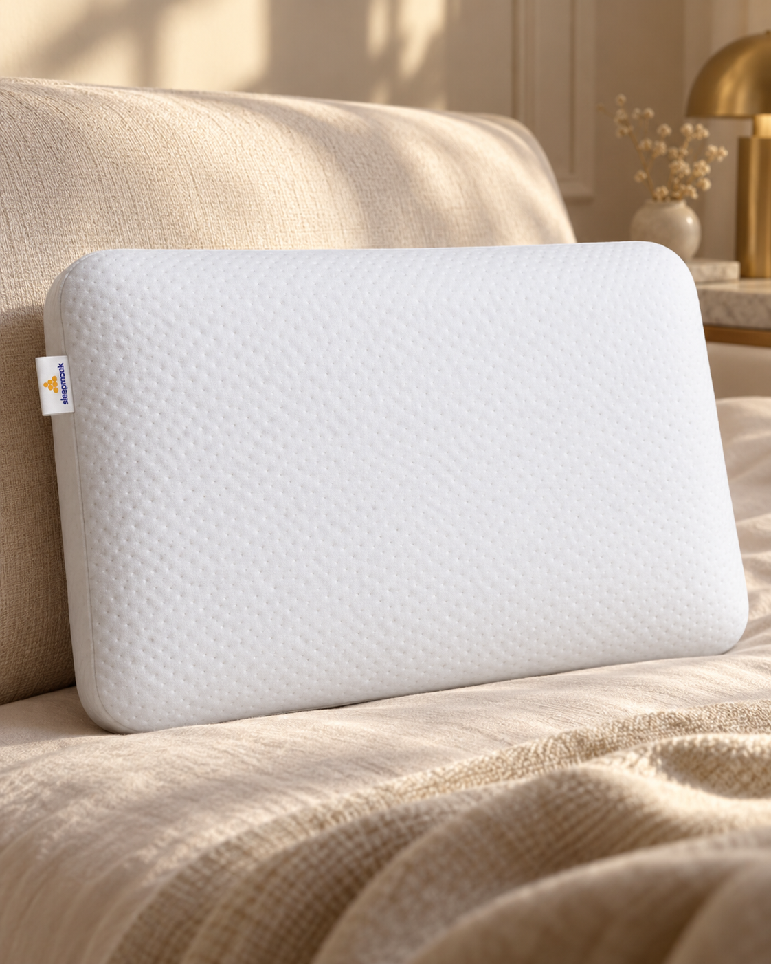 The sleepmonk memory foam pillow resting against a linen headboard